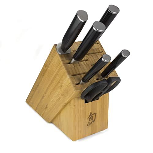 Shun Cutlery Classic 7-Piece Essential Block Set; 11-Slot Bamboo Block, 3.5-inch Paring Knife, 6-inch Utility Knife, 8- inch Chef’s Knife, 9-inch Bread Knife, Herb Shears, Combination Honing Steel