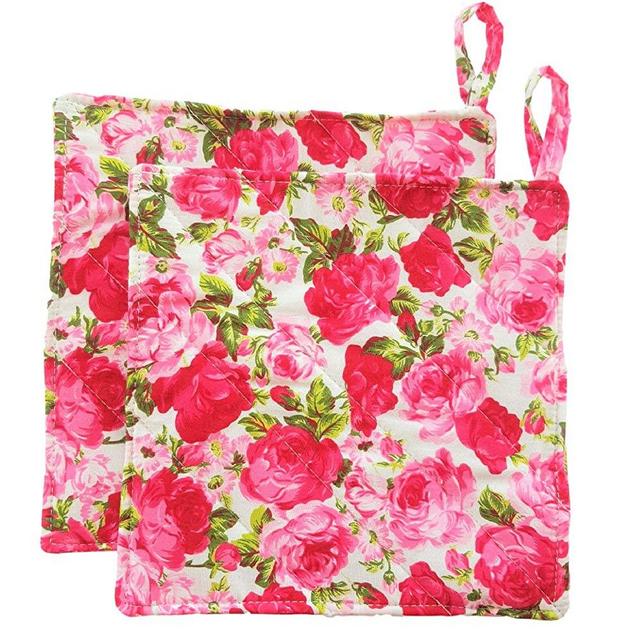 CUSHYSTORE Floral Blossom Garden Flower Pot Holder Oven Pads Potholders for Cooking Kitchen 7.75", 2 Packs (Pink)