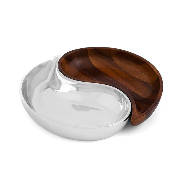 nambe Yin Yang Divided Server Set | Divided Serving Bowls for Party, Fruit, Veggies, Chip and Dip, Candy or Snacks | Made of Metal alloy and Acacia Wood | Mother’s Day Gift