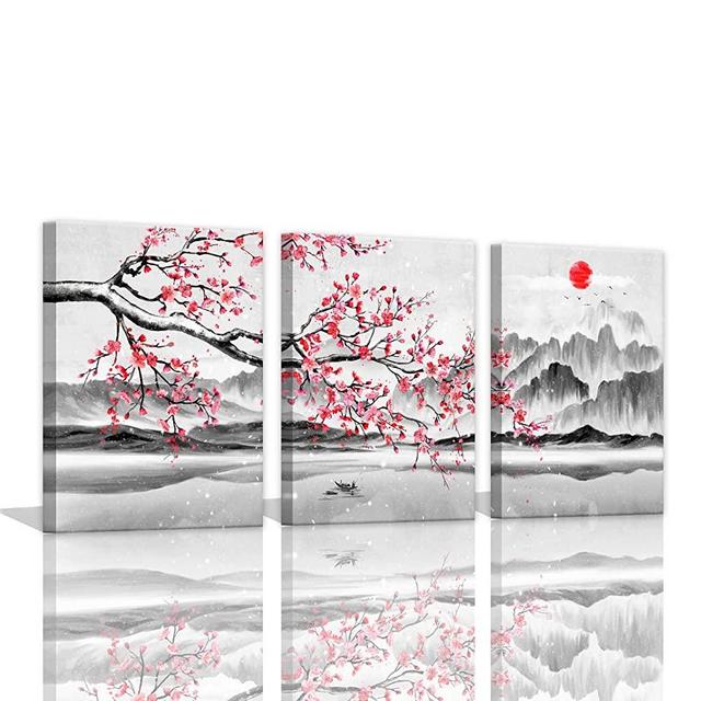 Cherry Blossom Decor - Japanese Decor Cherry Blossom Wall Art Black and White Wall Art Pink Floral Painting Art Paintings for Living Room Wall Decorations Wall Decor for Bedroom Framed 12x16inch x3pcs