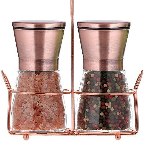 bonris Copper Stainless Steel Salt and Pepper Grinder Set Manual Himalayan Pink Salt Mill|Salt and Pepper Shakers with Adjustable Coarseness and Clear Glass Body (Pack of 2) (SHORT)
