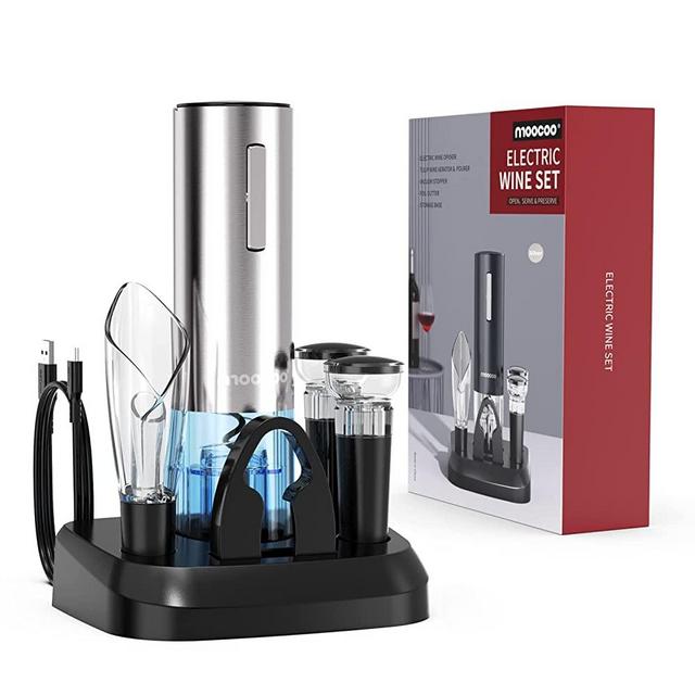 Electric Wine Opener with Charging Base, Moocoo Stainless Steel Cordless Electric Wine Bottle Opener with 2-in-1 Aerator &Pourer, Foil Cutter, 2 Vacuum Preservation Stoppers