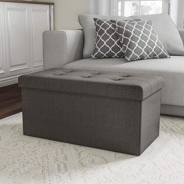 Lavish Home Folding Storage Bench Ottoman– 30” Tufted Foam Padded Lid, Dark Gray