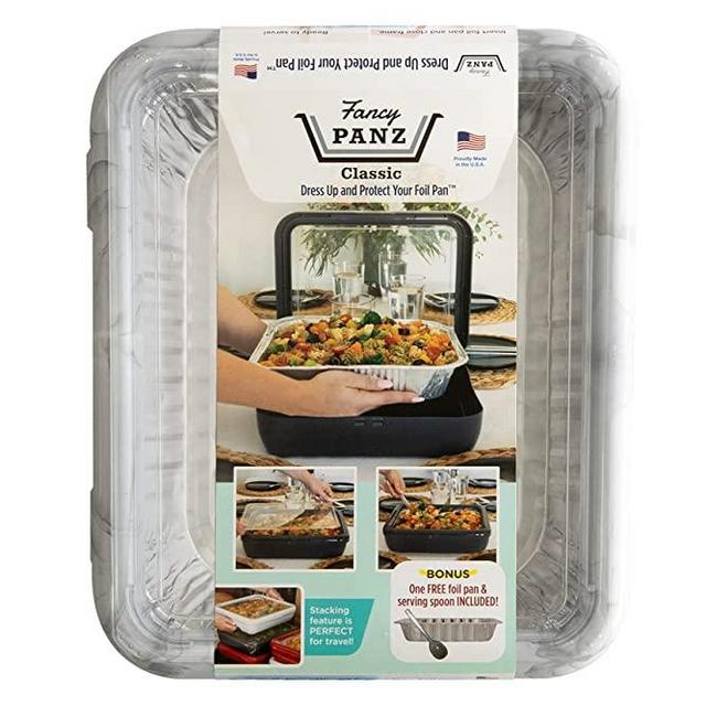 Fancy Panz Classic Pan, Dress Up & Protect Your Foil Pan, Made in USA, Fits Half Size Foil Pans. Half size Foil Pan & Serving Spoon Included. Hot or Cold Food. Stackable for easy travel. BPA free (Classic, Marble)