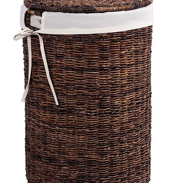 BIRDROCK HOME Abaca Laundry Hamper with Liner - Round Clothes Bin with Lid - Organize Laundry - Cut-Out Handles for Easy Transport - Includes Machine Washable Canvas Liner (Espresso)