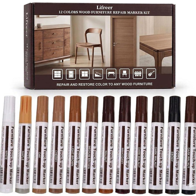 Lifreer 12 Colors Furniture Touch Up Markers, Wood Scratch Repair Markers for Scratches, Scuffs, Nicks on Furniture, Cabinets, Wood Floors, Tables, Doors, Trim & Bedposts