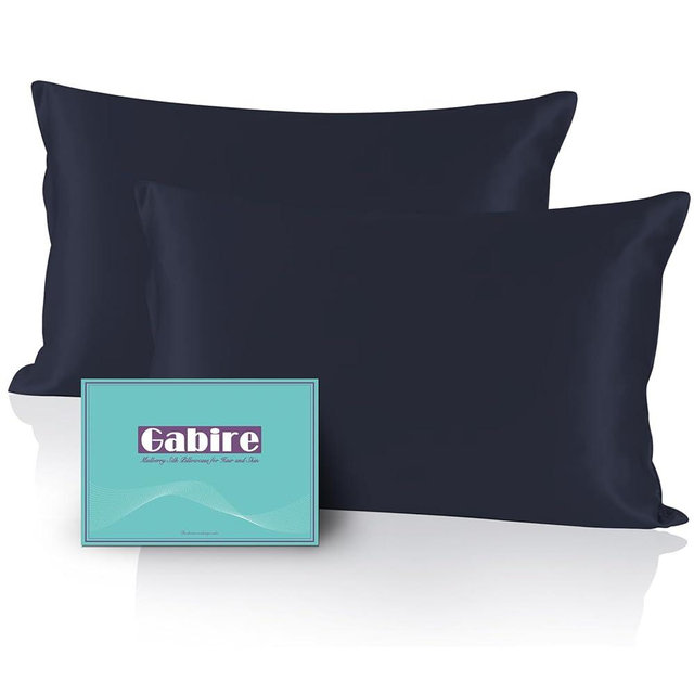 Gabire Mulberry Silk Pillow Cases Set of 2, Both Sides Real Silk Pillow Cover for Hair and Skin Cool Pillowcase Organic Silk Pillowcase 2 Pack with Hidden Zipper, Navy Blue, Queen (20"×30")