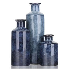Blue Ceramic Vase Set - 3 Blue Small Vases, Farmhouse Country Flower Vase Home Decor, Living Room Decoration, Table Decoration, Fireplace Decor, and Entrance Decorations Centerpieces
