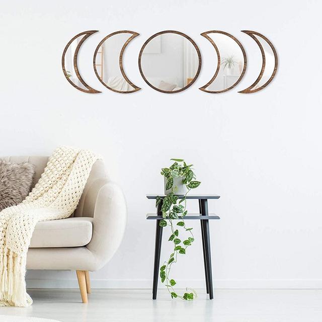 MI & HER - Scandinavian Moon Phase Mirror Set Glass - Real Glass Mirror - Wood Frame - Premium Quality - Bohemian Decor, Spiritual Room Decor. Includes Hardware. Easy to Mount. (Brown)