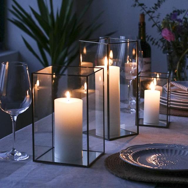 Set of 3 Square Glass Hurricane Candle Holders, Clear Glass Framed in Vintage Brass, Pefect for Spa , Hotel, Festival, Home Decoration
