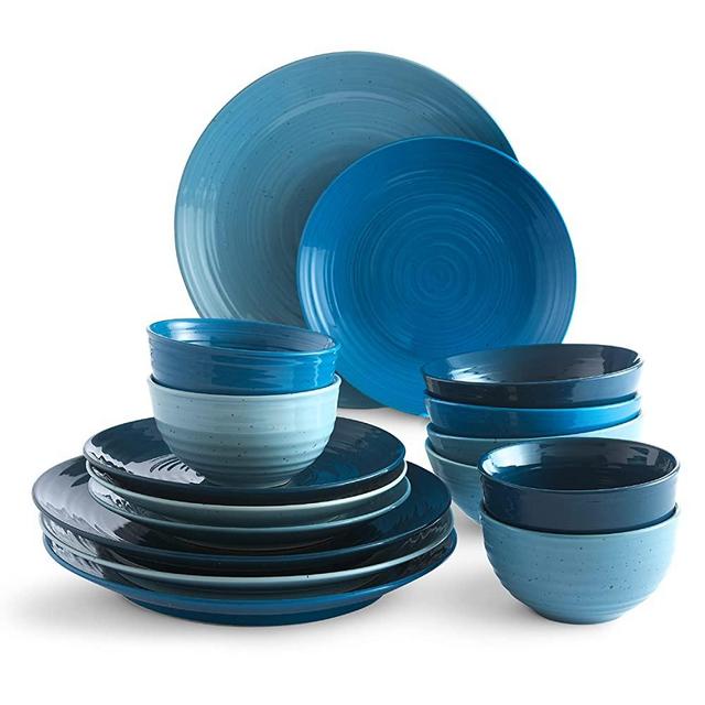 Sango Siterra 16-Piece Stoneware Dinnerware Set with Round Plates and Bowls (Ocean, Casual)
