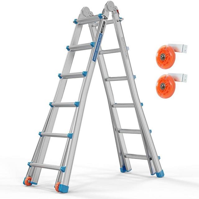 LUISLADDERS 22FT A Frame Step Ladder Telescoping Ladder, Muti Position Folding Ladder Flared Leg & Wheels Design, 330 lbs Capacity Extension Ladder for Household Outdoor Work (22 FT Reach Height)