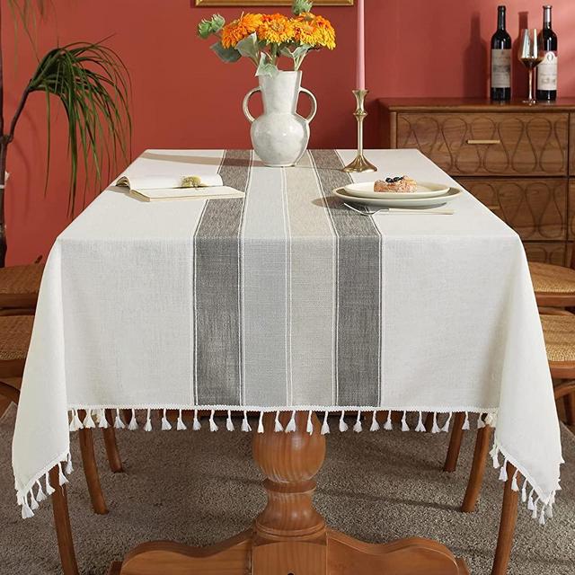 Laolitou Rustic Tablecloth Cotton Linen Waterproof Tablecloths Burlap Table Cloths for Kitchen Dining Cloth Table Cloth for Rectangle Tables Light Grey Stripes Rectangle,55''x70'',4-6 Seats