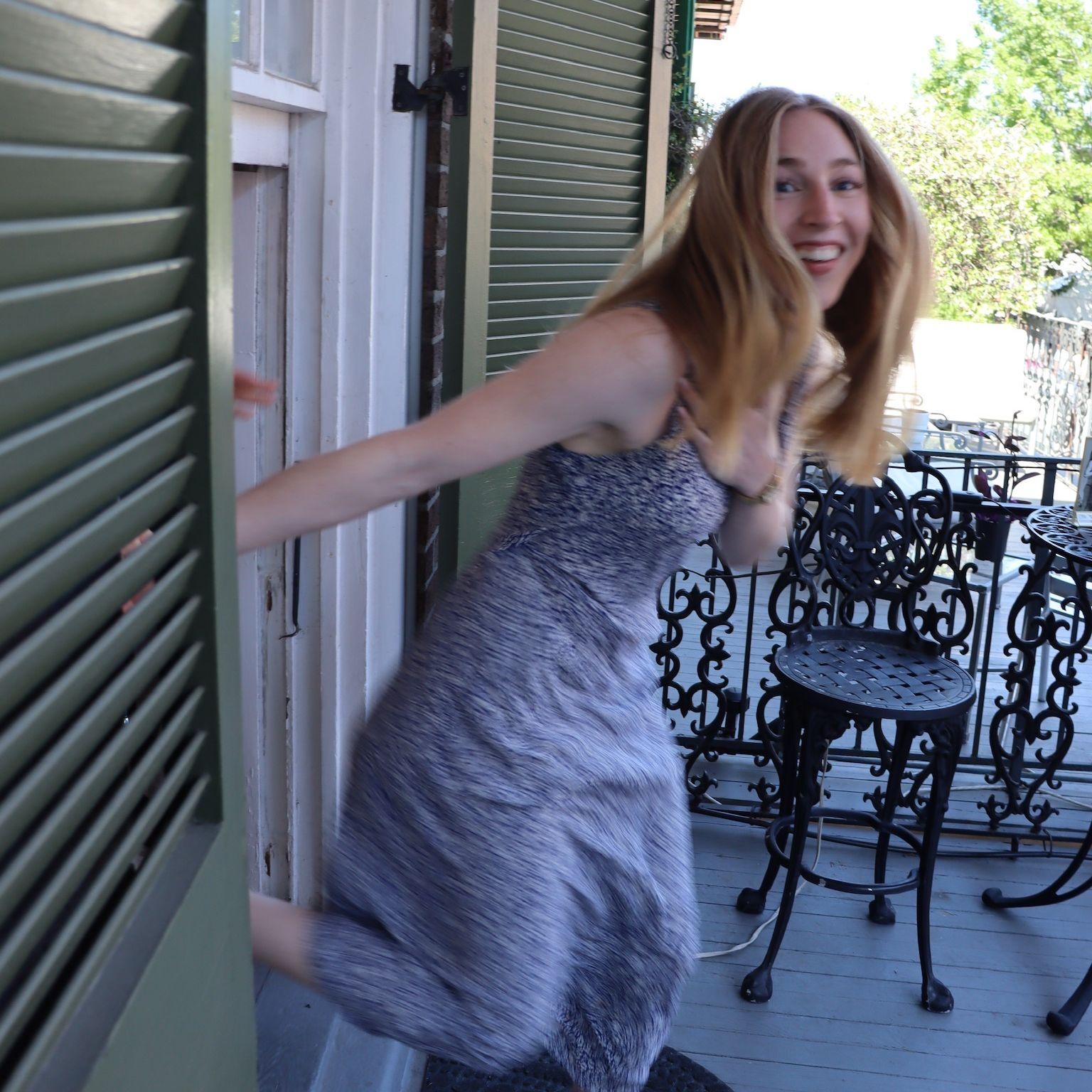 Sarah is pushed out of a window to find David waiting to propose!