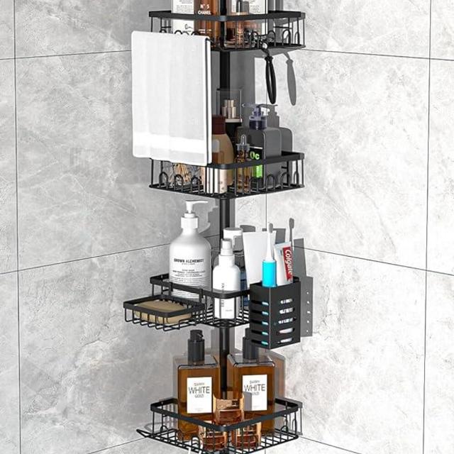 oyenbboi Shower Caddy Corner, Rustproof 4 Tier Adjustable 47 to 104 Inch Corner Shower Caddy Tension Pole, Floor Standing Bath Rack with Rod for Bathroom & Bathtub, Black