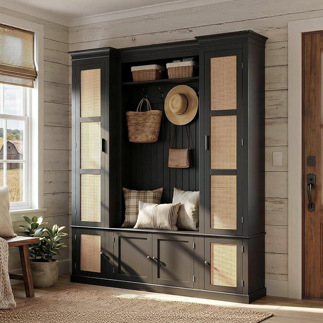 JOIKUJIA Large Hall Tree with Bench & Rattan Doors, 4-in-1 Entryway Coat Rack with Shoe Storage, 4 Hooks, Shelves, Mid-Century Shoe Bench for Hallway Mudroom, Black, 63.2”W x 15.7”D x 76.8”H