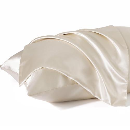 Bedsure Satin Pillowcase for Hair and Skin - Beige Zipper Pillow Cases Queen Size Set of 2, Similar to Silk Pillow Cases, Silky & Super Soft Cooling Pillow Covers, Gifts for Her or Him, 20x30 Inches