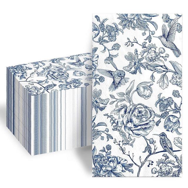100Pcs Blue Floral Paper Napkins 3 Ply Disposable Cocktail Napkins Hummingbird Hand Towels for Bathroom Wedding Bridal Tea Party Supplies