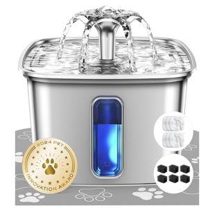 Veken Innovation Award Winner Stainless Steel Cat Water Fountain, 108oz/3.2L Automatic Pet Fountain Dog Water Dispenser with 6 Replacement Filters & Silicone Mat for Cats, Dogs, Multiple Pets (Silver)