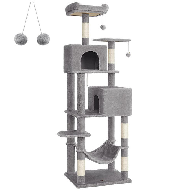 Feandrea Cat Tree, 75.2-Inch Cat Tower for Indoor Cats, Plush Multi-Level Cat Condo with 5 Scratching Posts, 2 Perches, 2 Caves, Hammock, 2 Pompoms, Light Gray UPCT191W01