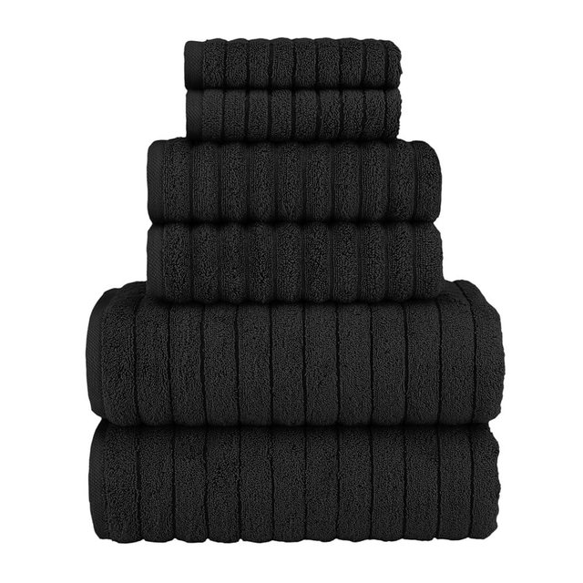Elegant Comfort 100% Turkish Cotton Corduroy Ribbed Luxury Bath Towels 6-Piece Set, Premium Feel - Quick Dry, Highly Absorbent, Contains 2 Bath Towels, 2 Hand Towels, and 2 Washcloths, Black