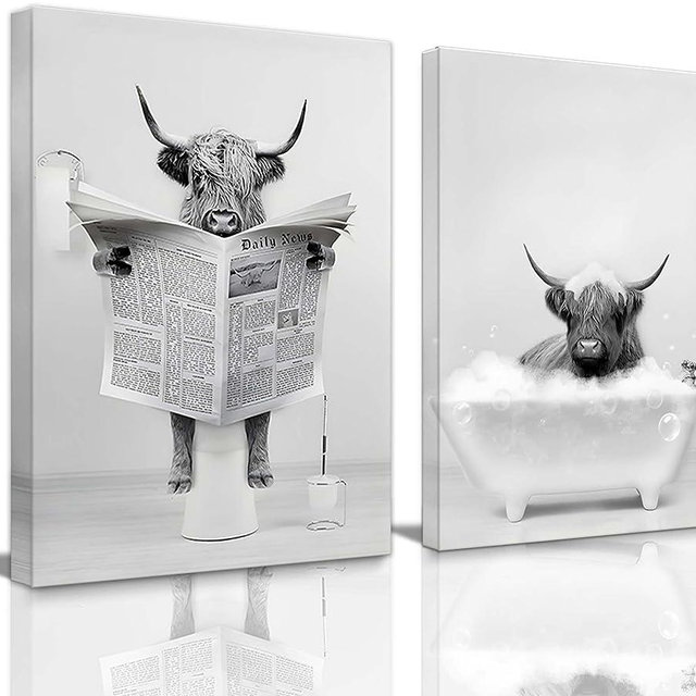 2 Pieces Set Framed Funny Highland Cow Wall Art Black and White Canvas Cow in Bathroom Wall Deco Poster Pictures,Humor Animals Artwork Prints Rustic Farmhouse Decorations for Bathroom