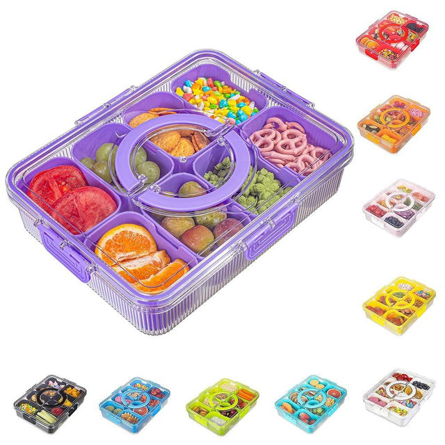 FEIOOD Patent Design Ribbed Snackle Box Container Divided Serving Tray with Lid and Handle -Charcuterie Container Portable Storage Organizer for Candy, Fruit, Beach, Picnics（1 pcs, Purple