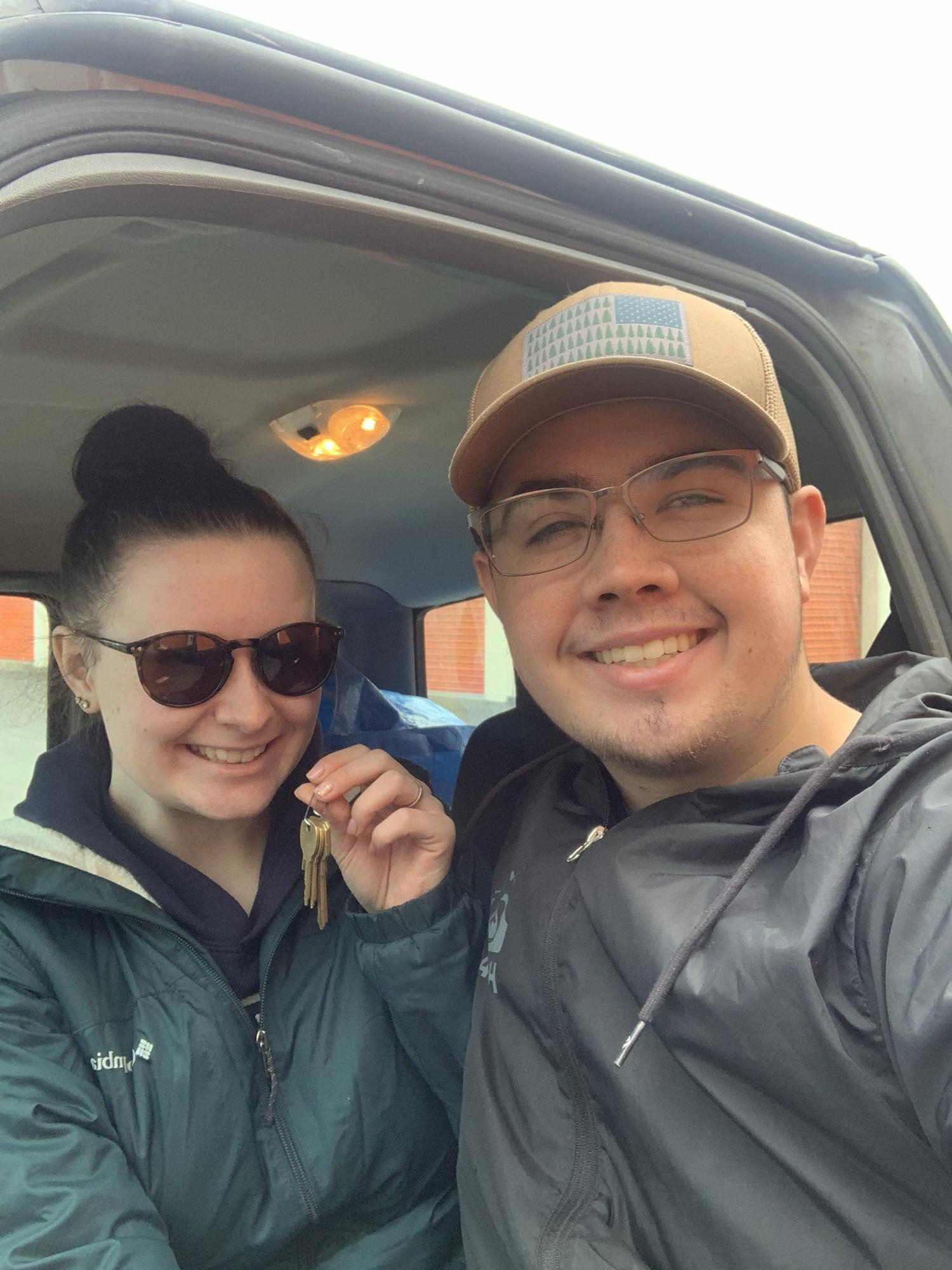 Maya and Dustin after getting the keys to their first apartment together in Gladstone, OR 2021