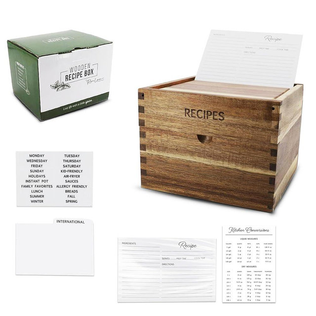 Recipe Box - Recipe Box with Cards and Dividers | Natural Acacia Wooden Recipe Box with 50x Cards | Personalized Recipe Box | Recipe Box to Write in Your Own Recipes | 22 Dividers with Recipe Box