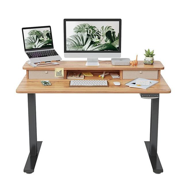 FEZIBO Height Adjustable Electric Standing Desk with Double Drawer, 48 x 24 Inch Stand Up Table with Storage Shelf, Sit Stand Desk with Splice Board, Black Frame/Light Rustic Top
