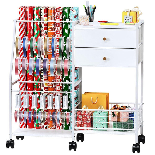 TC-HOMENY Wrapping Paper Organizer Storage Cart,Ribbon Organizer and Gift Wrap Rack with 2 Large Drawers, Blueprint Poster Holder, Craft Organizer, Christmas Paper Storage Containers with Wheels