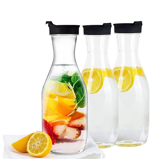 Party Bargains 50 oz. Plastic Carafe with Lids - Clear, 3 Count, Black Flip Tab Lid Premium Quality & Heavy Duty Plastic Pitcher for Iced Tea, Powdered Juice, Cold Brew, Mimosa Bar