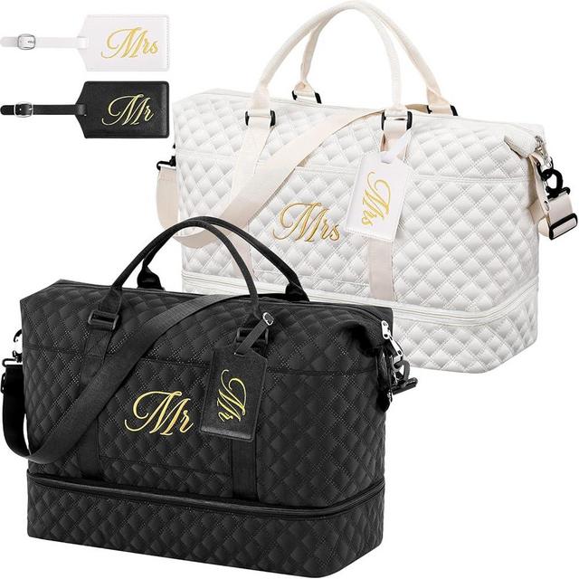 Dansydaisy 4 Pcs Mr and Mrs Duffel Bag Set Include 2 Pcs Honeymoon Travel Bags with Shoe Compartment and 2 Pcs Luggage Tags Weekender Bags Wedding Carry Bag for Gym Bag Bridal Shower Honeymoon Gift