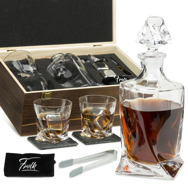 Whiskey Stones Gift Set For Men & Women - Decanter, 2 Twisted Glasses, 2 Xl Stainless Steel, Cubes, 2 Coasters, Silicone-Tipped Tongs & Freezer Pouch In Pinewood Box