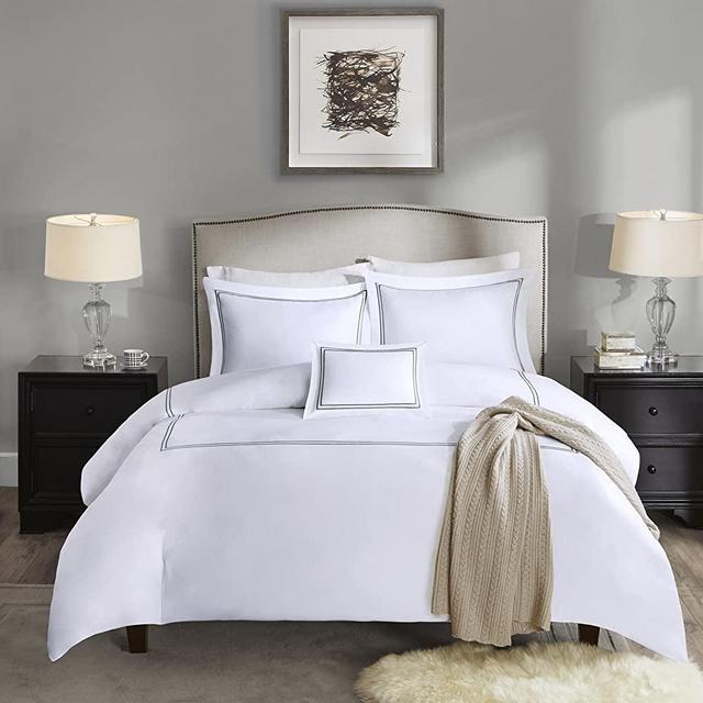 MADISON PARK SIGNATURE Luxury Collection 1000 Thread Count Embroidered Cotton Sateen 5 Piece Down Alternative Comforter Set King Grey (MPS10-088)