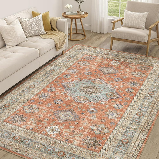 Vintage Living Room Area Rug 5x7 - Large Soft Washable Oriental Traditional Distressed Farmhouse Rugs for Bedroom - Indoor Floor Accent Carpet for Home Office House Decor - Orange