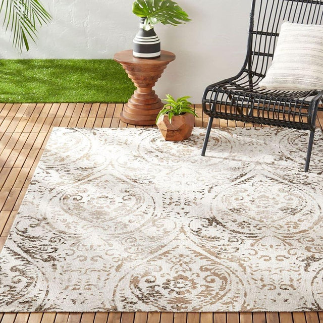 Nicole Miller New York Patio Sofia Juniper Indoor/Outdoor Area Rug, Ivory/Mustard, 5'2"x7'2" Rectangle