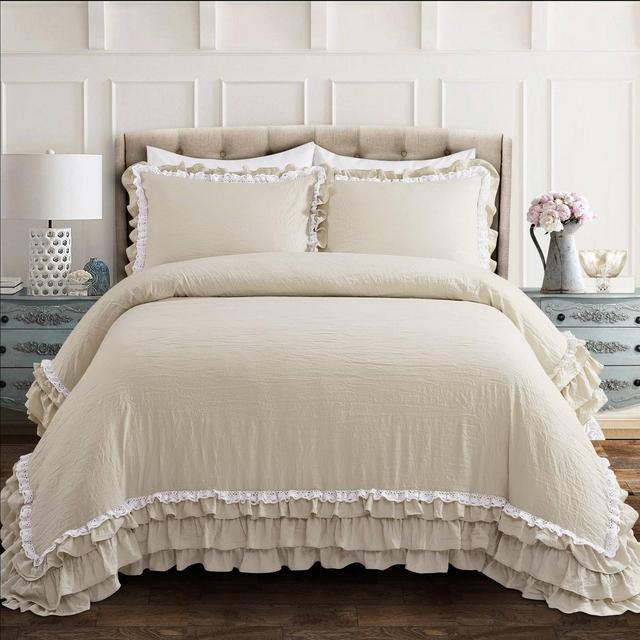 Full/Queen 3pc Ella Shabby Chic Comforter & Sham Set Neutral - Lush Décor