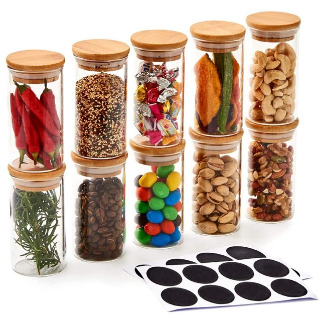 EZOWare 7oz Glass Jars ,10 Bottles Clear Canister Set, Small Air Tight Storage Containers with Natural Bamboo Lids and Chalkboard Labels for Kitchen, Bathroom, Home Decor, Party Favors (200ML)