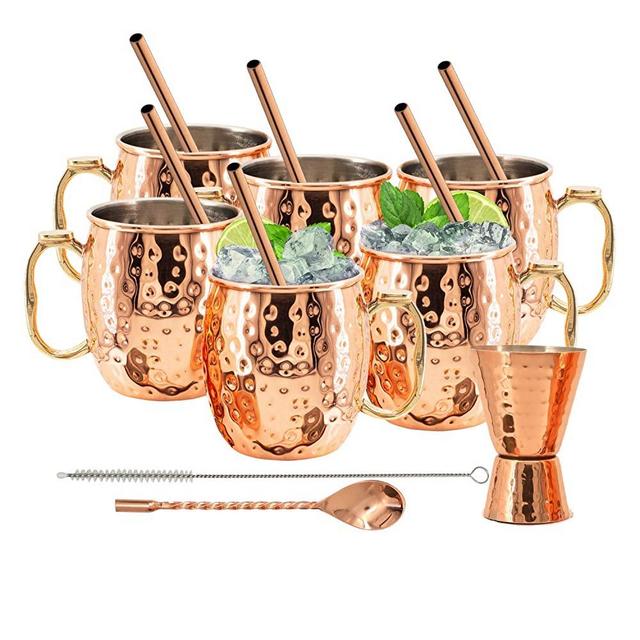 Kitchen Science Stainless Steel Lined Moscow Mule Copper Mugs 18 Ounce Gift Set of 6 Mugs Plus Bonus! Get a gift set of 1 copper jigger, 6 copper straws, 1 copper stirring spoon, and 1 straw brush!