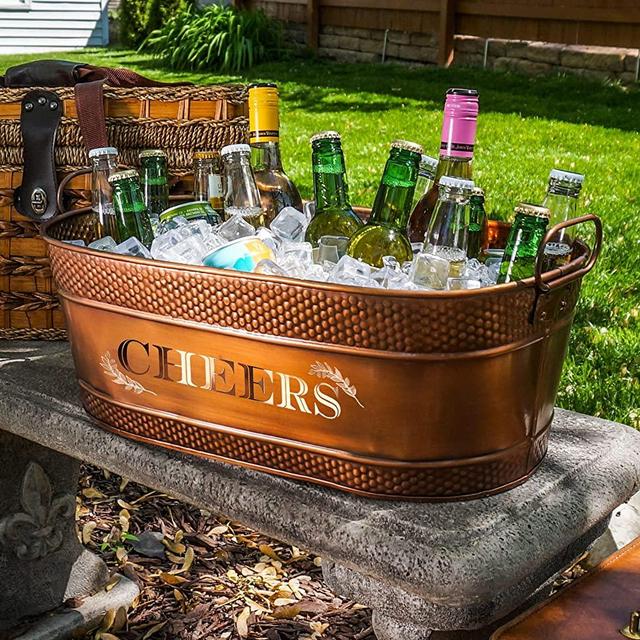 BREKX Cheers Colt Copper Galvanized Beverage Tubs / Ice Bucket for Parties, Wedding Gifts - Metallic 3D Cheers Decal