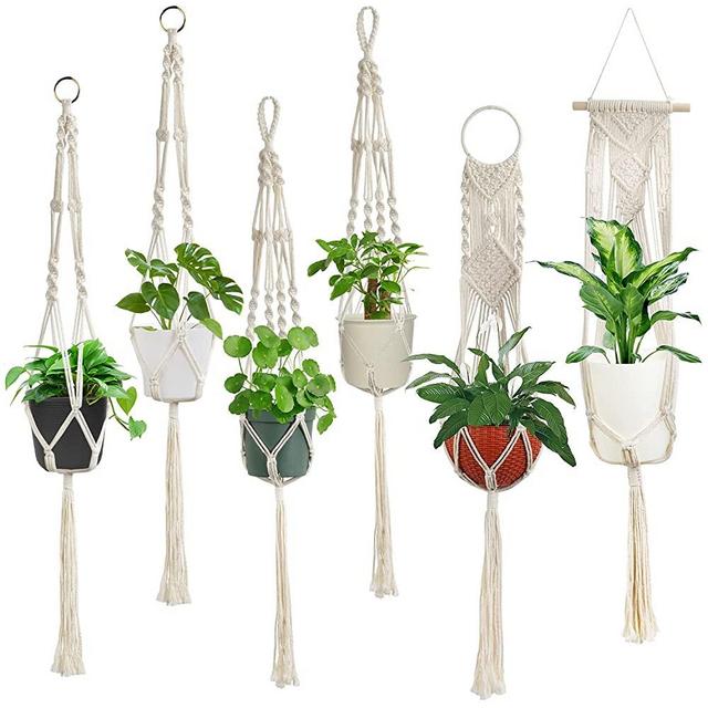 Macrame Plant Hangers, Laerjin Set of 6 Handmade Hanging Plant Holder Basket Stand Decorative Flower Pot Holder - Cotton Rope, 4 Legs, 4 Types