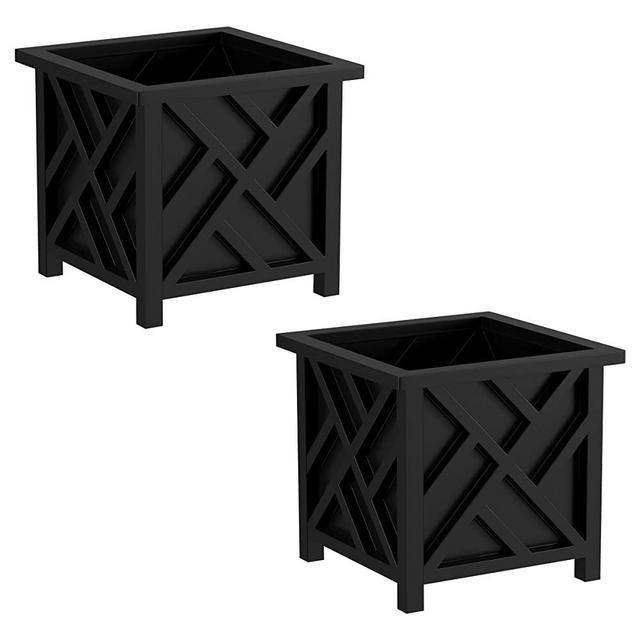 Pure Garden Lattice Design Planter Box 2-Pack – 14.75-Inch Decorative Outdoor Flower or Plant Pots – Front Porch, Patio, and Garden Decor (Black)