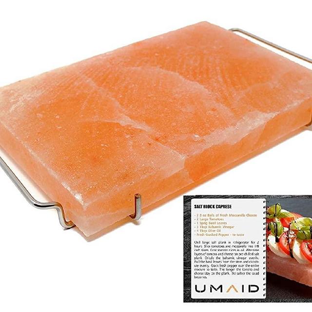 UMAID Natural Himalayan Salt Block Cooking Plate 12 X 8 X 1.5 for Cooking, Grilling, Cutting and Serving, Food Grade Salt with Stainless Steel Tray Set with Recipe Pamphlet
