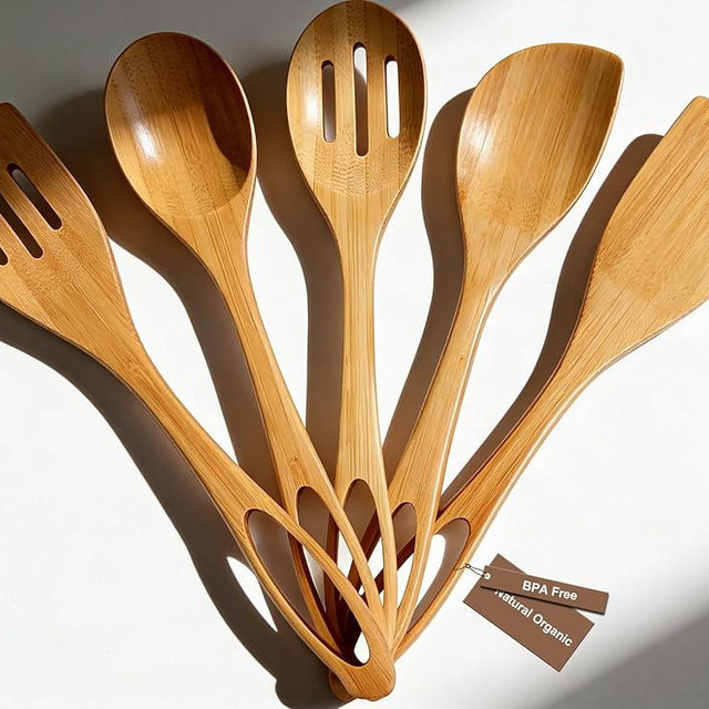 Premium Bamboo Utensils - Smooth Bamboo Spoons for Cooking,Wooden Cooking Utensils Set of 5,Apartment Bamboos Spatula for Nonstick Pan,House Warming Gifts New Home