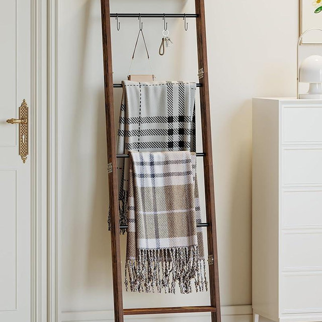 Hzuaneri Blanket Ladder Shelf for Living Room, Decorative Quilt Rack with Storage Shelf, 6-Tier Farmhouse Ladder Holder Organizer with 4 Removable Hooks for Bedroom, Rustic Brown and Black BR35801B