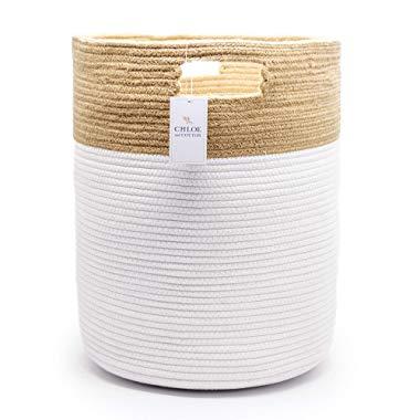 Chloe and Cotton Extra Large Tall Woven Rope Storage Basket 19 x 16 inch Jute White Handles | Decorative Laundry Clothes Hamper, Blanket, Towel, Baby Nursery Diaper, Toy Bin Cute Collapsible Organizer