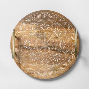 Round Mango Wood Embellished Serving Tray with Handles 14" Brown/Gold - Opalhouse™