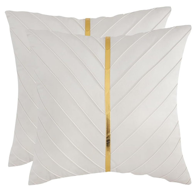Tosleo Beige Velvet Pillow Covers 18x18 Pack of 2 with Gold Leather Soft Throw Pillow Covers Decorative Couch Pillow Cover Luxury Modern Pillowcases Summer Home Decor for Sofa Bed Living Room