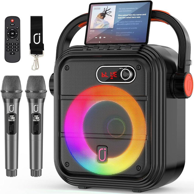 JYX Karaoke Machine with 2 Wireless Microphones, Bluetooth PA Speaker for Adults, Treble/Bass Control with RGB Disco Lights, TWS Stereo Pairing, Sound Effects for Singing, Home Party, Outdoor Events